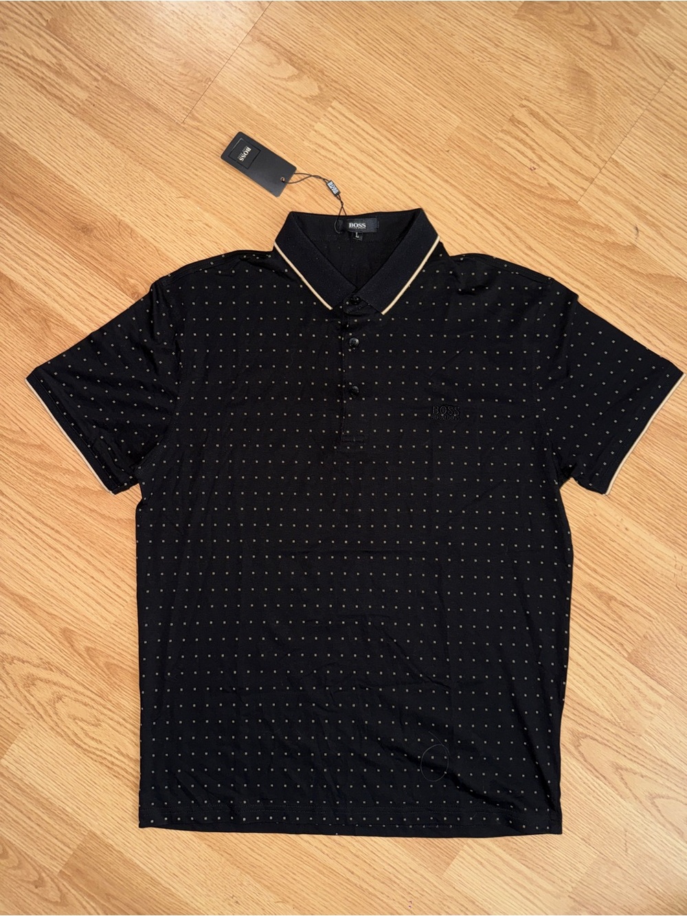 BOSS Black Polo with Gold Trim and Micro Dot Print